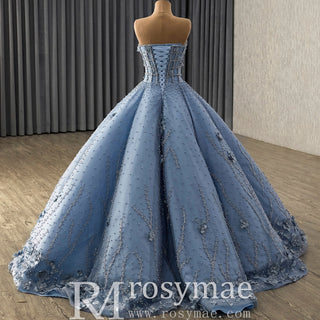 Blue Quinceañera Dress with 3D Floral and Pearl Appliqués Voluminous Skirt - Rosymae