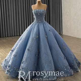 Blue Quinceañera Dress with 3D Floral and Pearl Appliqués Voluminous Skirt - Rosymae