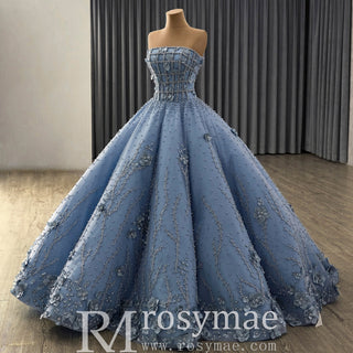 Blue Quinceañera Dress with 3D Floral and Pearl Appliqués Voluminous Skirt - Rosymae