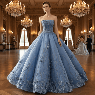 Blue Quinceañera Dress with 3D Floral and Pearl Appliqués Voluminous Skirt - Rosymae