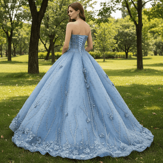 Blue Quinceañera Dress with 3D Floral and Pearl Appliqués Voluminous Skirt - Rosymae