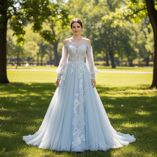 Dreamy Light Blue Wedding Dress with Long and Off the Sleeve