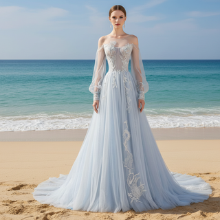 Dreamy Light Blue Wedding Dress with Long and Off the Sleeve
