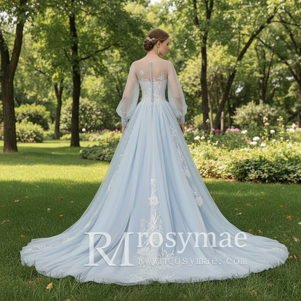 light blue wedding dress for bride Dreamy Light Blue Wedding Dress with Long and Off the Sleeve Light Blue As Picture / 14