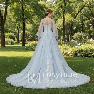 Dreamy Light Blue Wedding Dress with Long and Off the Sleeve