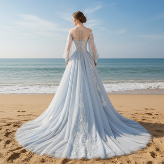 Dreamy Light Blue Wedding Dress with Long and Off the Sleeve