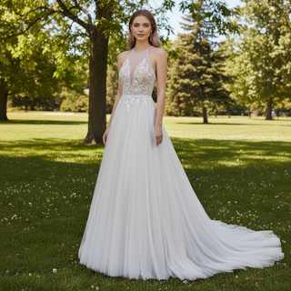 Halter Neck Boho A-Line Blush Pink Tulle Wedding Dress