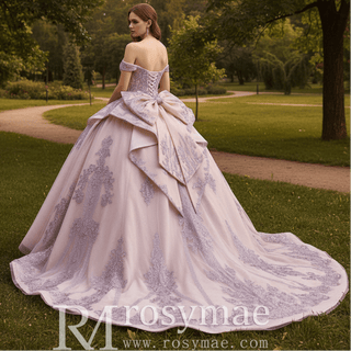 Blush Off Shoulder Sequin Ball Gown Quinceanera Dress with Dramatic Back Bow