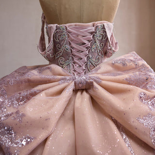 Blush Off Shoulder Sequin Ball Gown Quinceanera Dress with Dramatic Back Bow