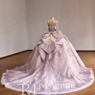 Blush Off Shoulder Sequin Ball Gown Quinceanera Dress with Dramatic Back Bow