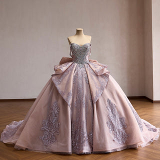 Blush Off Shoulder Sequin Ball Gown Quinceanera Dress with Dramatic Back Bow