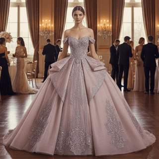 Blush Off Shoulder Sequin Ball Gown Quinceanera Dress with Dramatic Back Bow