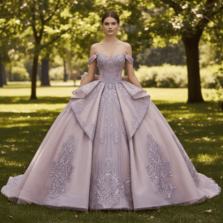 Blush Off Shoulder Sequin Ball Gown Quinceanera Dress with Dramatic Back Bow