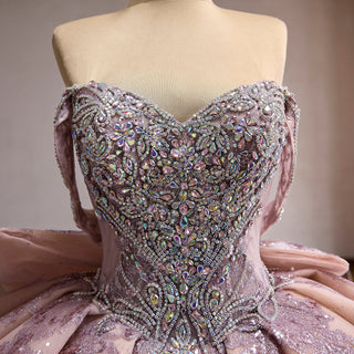 Blush Off Shoulder Sequin Ball Gown Quinceanera Dress with Dramatic Back Bow
