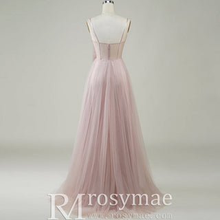 Blush Pink A-Line Tulle Prom Dress with Sweetheart & Leafy Sequined Appliqués - Rosymae