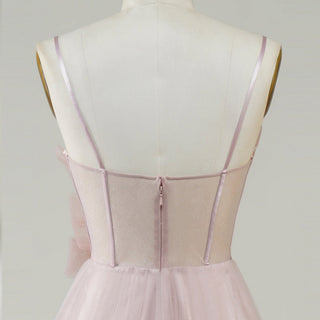 Blush Pink A-Line Tulle Prom Dress with Sweetheart & Leafy Sequined Appliqués - Rosymae