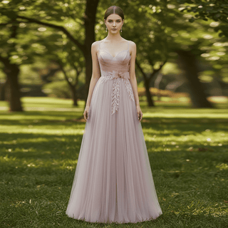 Blush Pink A-Line Tulle Prom Dress with Sweetheart & Leafy Sequined Appliqués - Rosymae