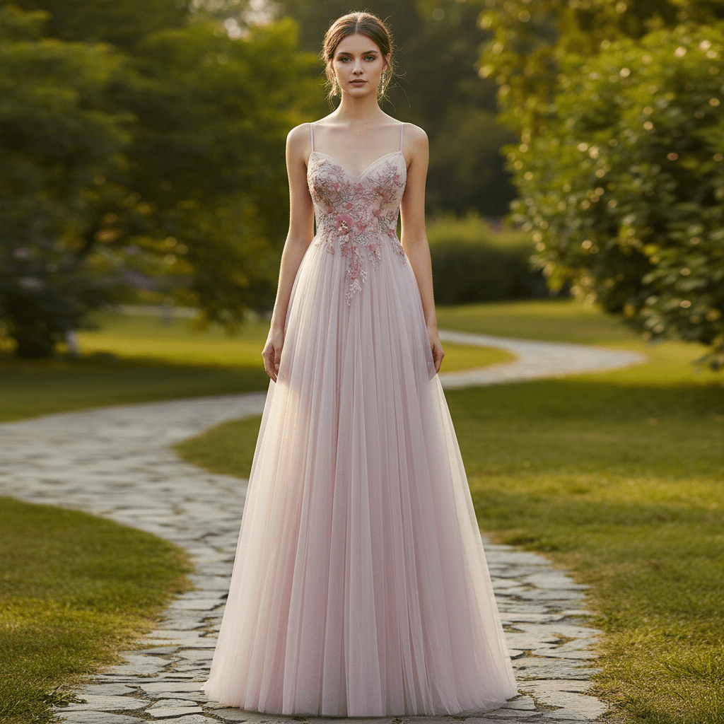 Blush Pink A-Line Wedding Dress with with 3D Fabric Flower Petals & Micro-Beading