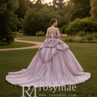 Blush Pink Sequin Ball Gown with Off-Shoulder Sleeves & Dramatic Back Bow