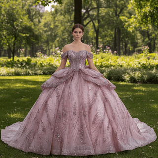 Blush Pink Sequin Ball Gown with Off-Shoulder Sleeves & Dramatic Back Bow