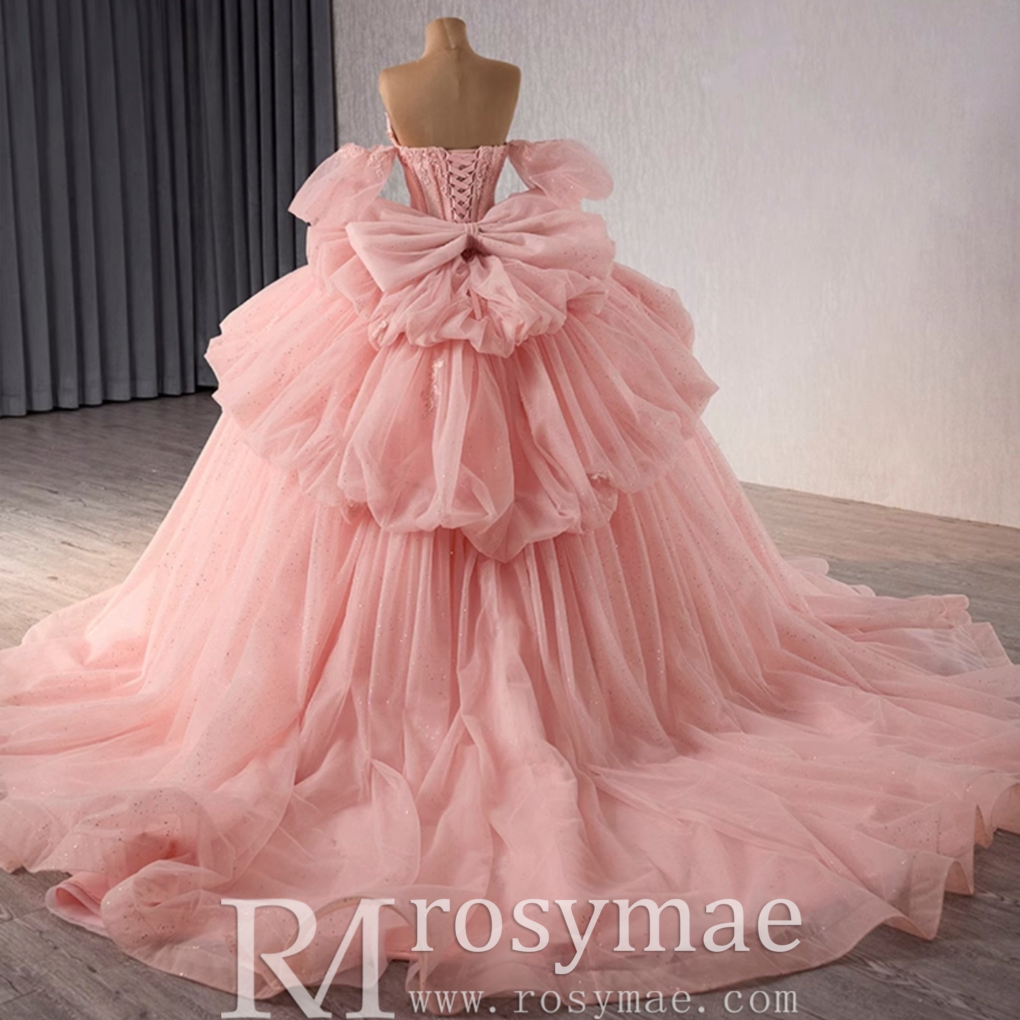 Blush Puffy Skirt Ball Gown Quinceanera Dress with Detachable Sleeve - Rosymae