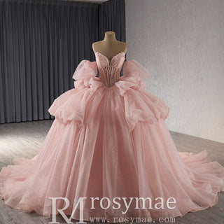 Blush Puffy Skirt Ball Gown Quinceanera Dress with Detachable Sleeve - Rosymae
