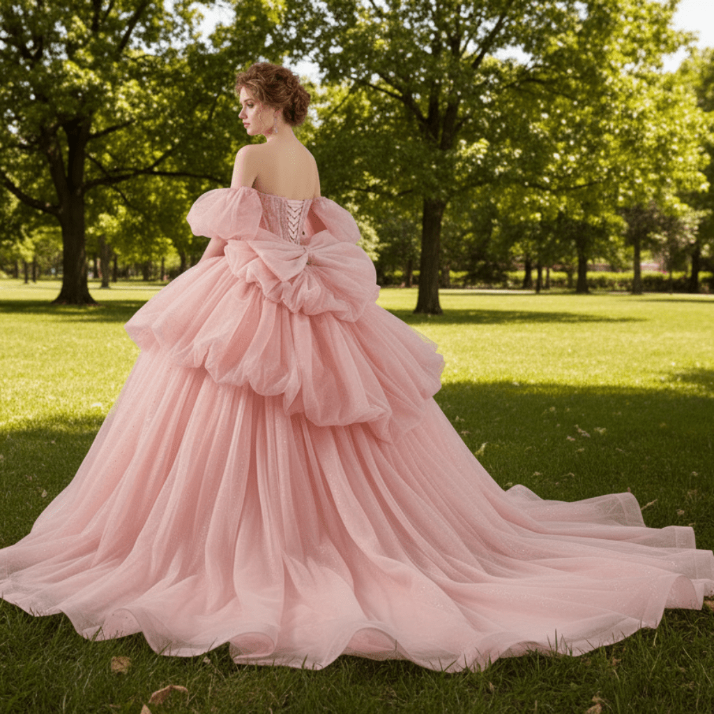 Blush Puffy Skirt Ball Gown Quinceanera Dress with Detachable Sleeve - Rosymae