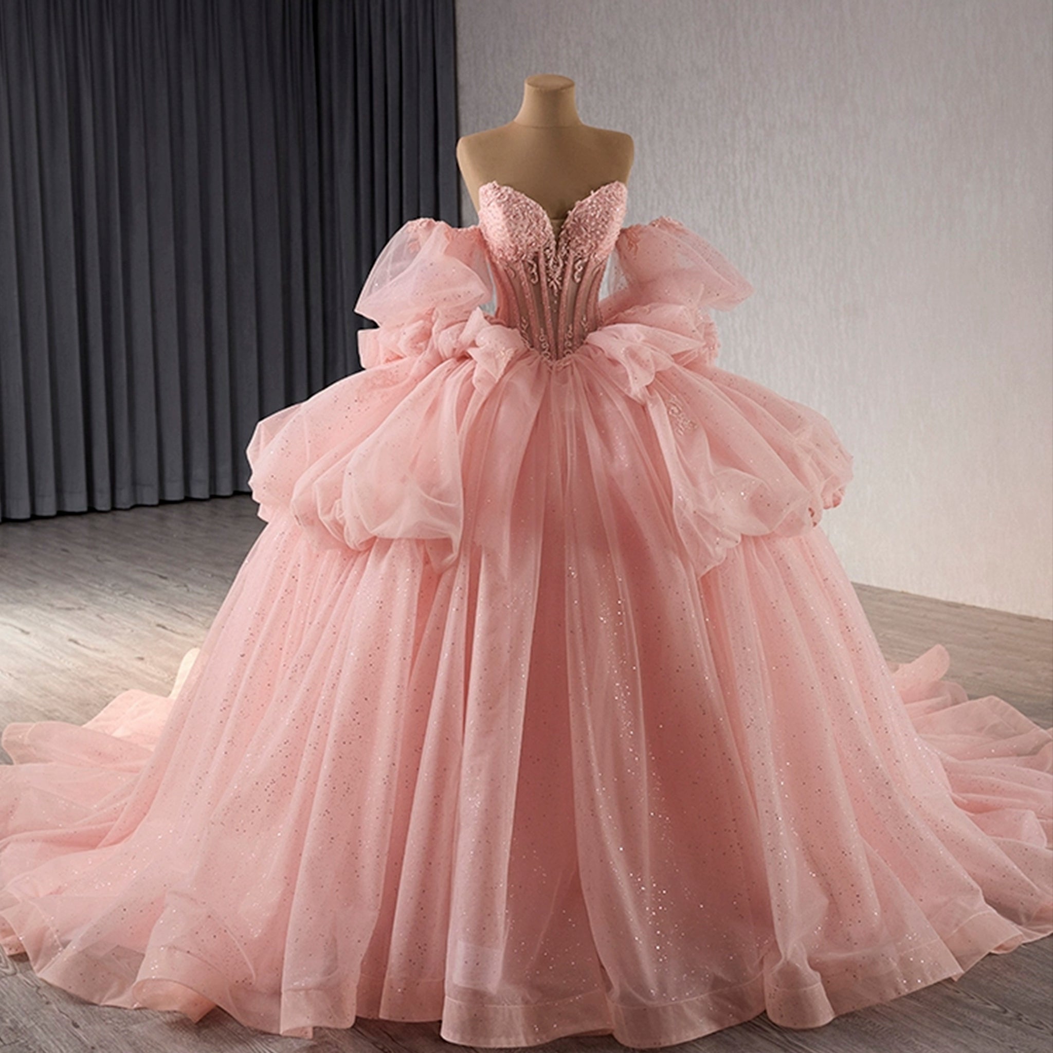 Blush Puffy Skirt Ball Gown Quinceanera Dress with Detachable Sleeve - Rosymae