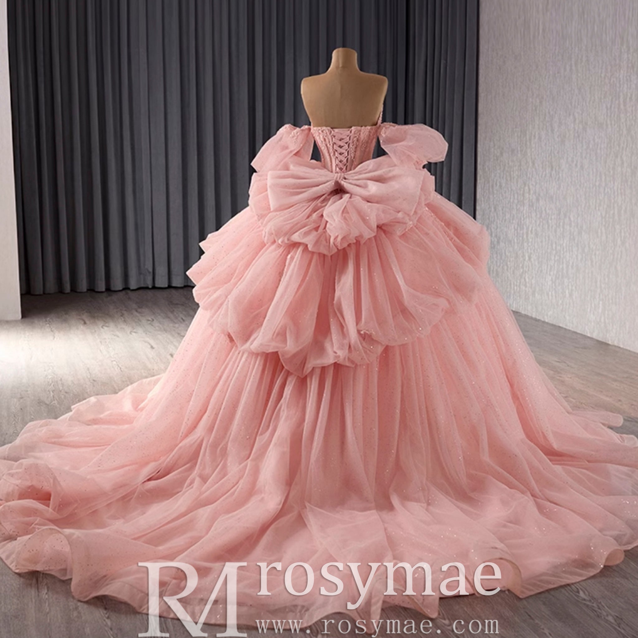 Blush Puffy Skirt Ball Gown Quinceanera Dress with Detachable Sleeve - Rosymae