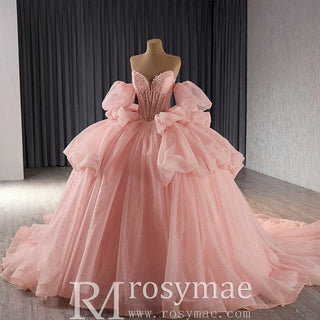 Blush Puffy Skirt Ball Gown Quinceanera Dress with Detachable Sleeve - Rosymae