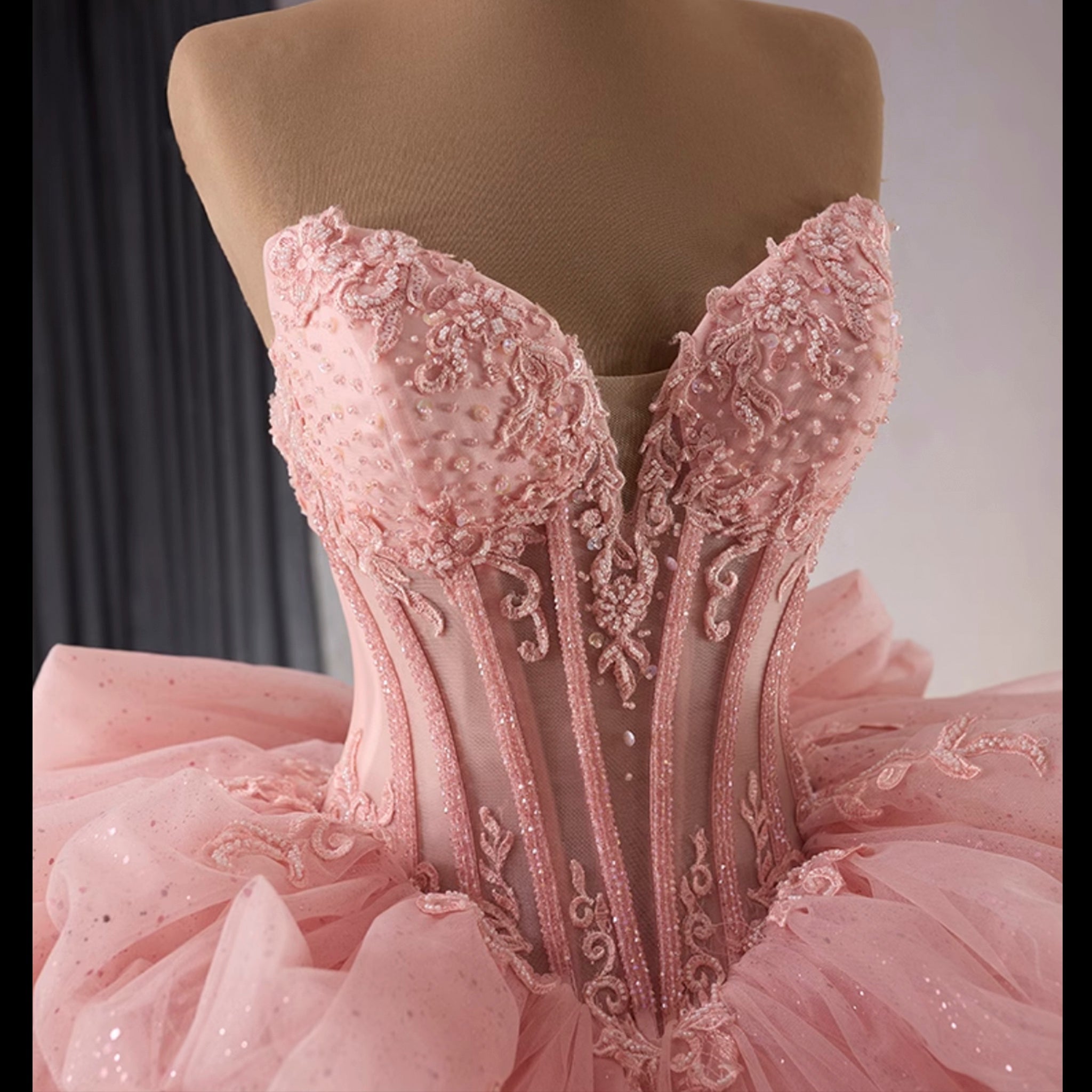 Blush Puffy Skirt Ball Gown Quinceanera Dress with Detachable Sleeve - Rosymae