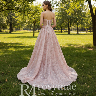 Sparkly A-line Blush Wedding Dress with Spaghetti Strap