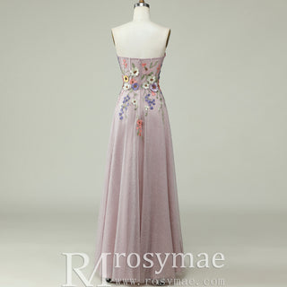 Colorful Embroidered A-Line Dress with Glitter Tulle Skirt and Cascading Wildflower Motifs