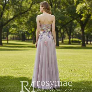 Colorful Embroidered A-Line Dress with Glitter Tulle Skirt and Cascading Wildflower Motifs