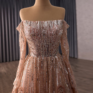 Blushing A-Line Pink Evening Dress Off-Shoulder Long Sleeve with Beading & Sequins - Rosymae