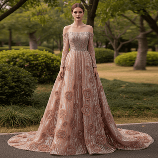 Blushing A-Line Pink Evening Dress Off-Shoulder Long Sleeve with Beading & Sequins - Rosymae