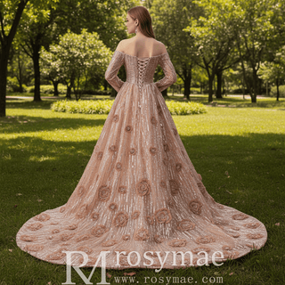 Blushing A-Line Pink Evening Dress Off-Shoulder Long Sleeve with Beading & Sequins - Rosymae