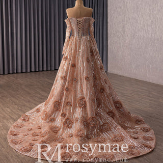 Blushing A-Line Pink Evening Dress Off-Shoulder Long Sleeve with Beading & Sequins - Rosymae