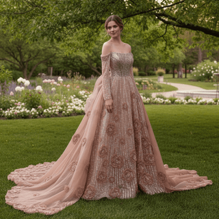 Blushing A-Line Pink Evening Dress Off-Shoulder Long Sleeve with Beading & Sequins - Rosymae