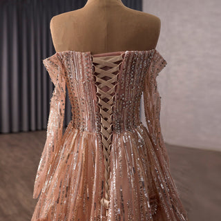 Blushing A-Line Pink Evening Dress Off-Shoulder Long Sleeve with Beading & Sequins - Rosymae
