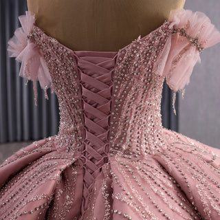 Blushing Off-Shoulder Ball Gown Quinceanera Dress with Tiered Ruffle Skirt - Rosymae