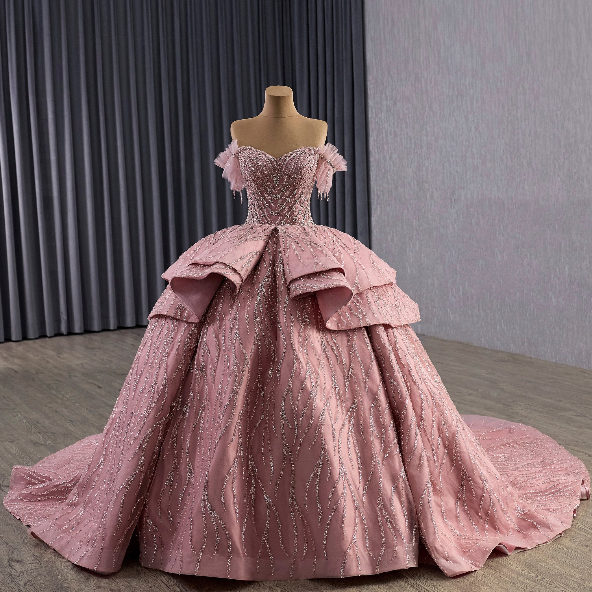 Blushing Off-Shoulder Ball Gown Quinceanera Dress with Tiered Ruffle Skirt - Rosymae