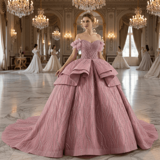 Blushing Off-Shoulder Ball Gown Quinceanera Dress with Tiered Ruffle Skirt - Rosymae