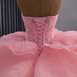Blushing Pink Ball Gown with Cascading Ruffles and Sequined Lace Bodice - Rosymae