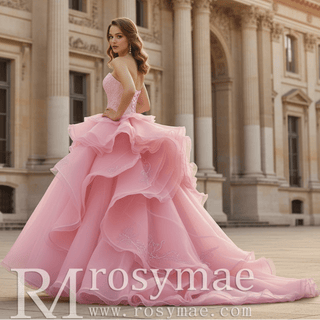 Blushing Pink Ball Gown with Cascading Ruffles and Sequined Lace Bodice - Rosymae