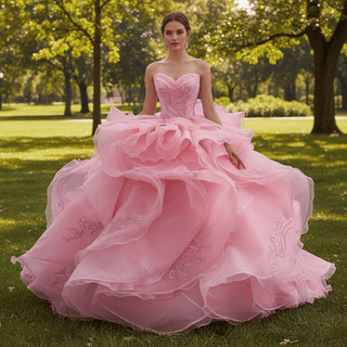 Blushing Pink Ball Gown with Cascading Ruffles and Sequined Lace Bodice - Rosymae