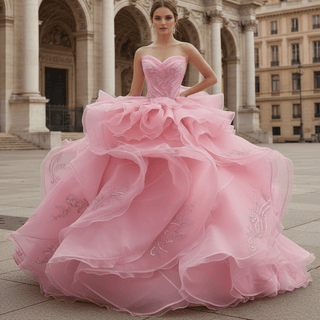 Blushing Pink Ball Gown with Cascading Ruffles and Sequined Lace Bodice - Rosymae