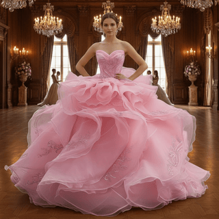 Blushing Pink Ball Gown with Cascading Ruffles and Sequined Lace Bodice - Rosymae