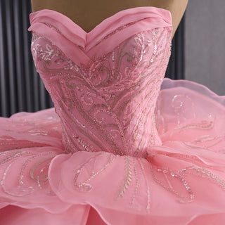 Blushing Pink Ball Gown with Cascading Ruffles and Sequined Lace Bodice - Rosymae