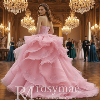 Blushing Pink Ball Gown with Cascading Ruffles and Sequined Lace Bodice - Rosymae